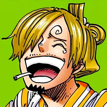 Close-up anime-style avatar of Sanji from One Piece, laughing with a cigarette in his mouth against a bright green background.