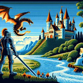 A knight stands valiantly in front of a majestic castle, with a dragon soaring above, capturing the essence of a captivating fantasy fairy tale.