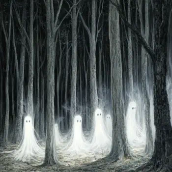 A spooky forest featuring ethereal ghosts emerging from the mist, creating an eerie atmosphere. This haunting image makes for a striking forum avatar.