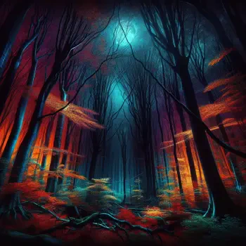 A hauntingly beautiful spooky forest, with dark trees and vibrant, glowing foliage under a moonlit sky, serving as an intriguing forum avatar or profile picture.