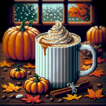 A cozy forum avatar featuring a pumpkin spice latte in a ribbed mug, surrounded by pumpkins and autumn leaves, with a window displaying snowfall in the background.