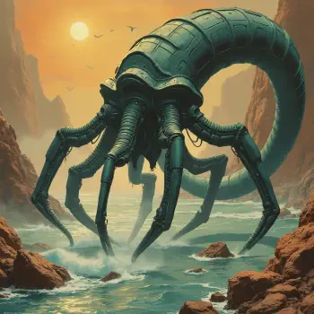 A mechanized creature with tentacle-like appendages emerging from a serene ocean at sunset, surrounded by rocky cliffs, embodies a captivating blend of nature and technology.