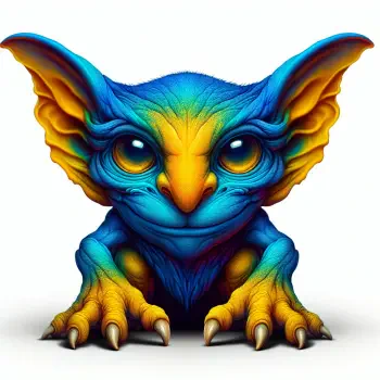 A vibrant, whimsical goblin character with bright blue and yellow hues, large expressive eyes, and prominent ears, designed for use as a forum avatar or profile picture.