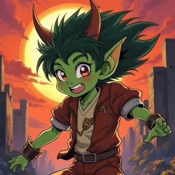 A vibrant goblin character with green skin and spiky hair, wearing a brown outfit, joyfully poses against a sunset backdrop, making a playful forum avatar or profile photo.