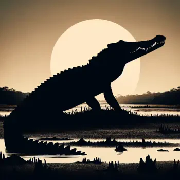 A silhouetted crocodile rests by the water at sunset, creating a striking profile picture for a forum avatar. The warm colors enhance its majestic presence.
