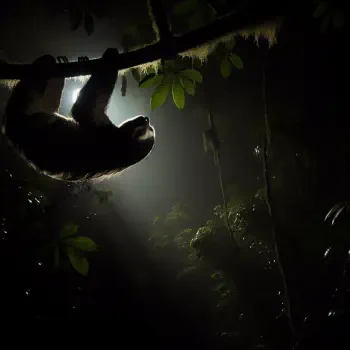 A silhouetted sloth hangs from a branch in a dimly lit forest, surrounded by lush greenery and soft beams of light filtering through the canopy.