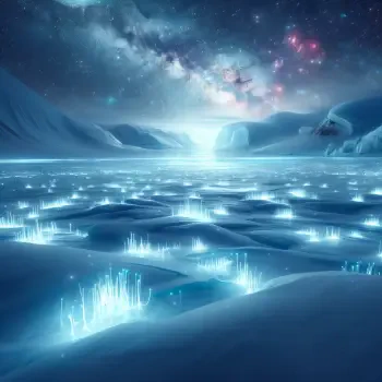 A stunning digital landscape featuring a serene, icy lake illuminated by glowing blue plants, under a starry sky with colorful cosmic elements in the background.