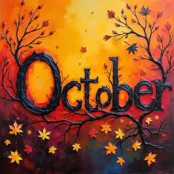 A vibrant profile photo featuring the word October in bold black letters, surrounded by autumn leaves against a warm, colorful background of orange and yellow hues.