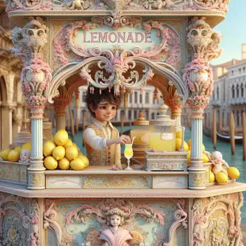 A charming avatar featuring a young vendor at an ornate lemonade stand, surrounded by bright lemons, set against a picturesque backdrop of water and historic architecture.
