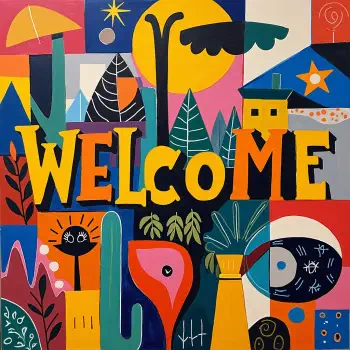 Colorful and vibrant forum avatar featuring the word WELCOME surrounded by abstract shapes, plants, and playful illustrations, creating a warm and inviting atmosphere.