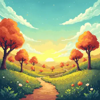 A vibrant pixel art landscape featuring rolling hills, colorful autumn trees, a winding path, and a warm sunset, designed as a forum avatar or profile picture.