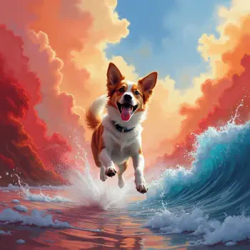 A playful dog joyfully leaps through ocean waves, set against a vibrant, colorful sky. This image serves as a lively forum avatar.