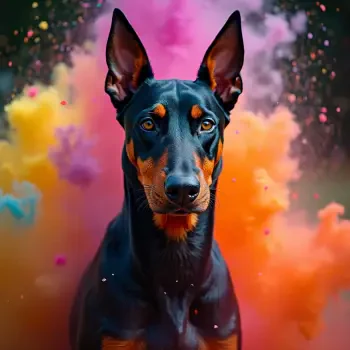 A striking profile photo of a Doberman Pinscher, showcasing its alert expression and sleek black coat against a vibrant, colorful background of swirling smoke.
