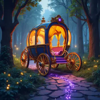 A whimsical carriage illuminated in a magical forest, featuring ornate details and a glowing path of sparkles, creating a dreamy atmosphere for a forum avatar.