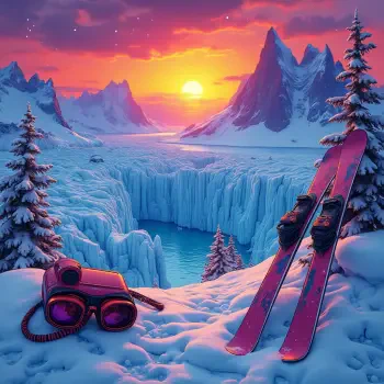 A vibrant scene featuring a glacier, snowy mountains, and a stunning sunset. Skis and binoculars are foregrounded, creating a perfect atmosphere for a forum avatar.