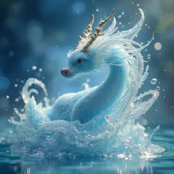 A mystical creature with a long, flowing body and antler-like features emerges from shimmering water, surrounded by swirling splashes, creating an enchanting atmosphere.
