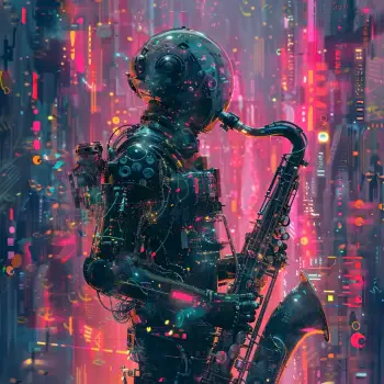 A futuristic robot plays a saxophone against a vibrant, colorful digital backdrop, creating a striking avatar for forums and profiles.