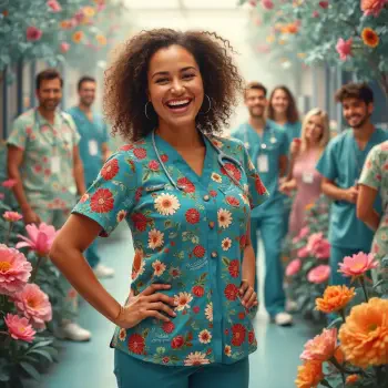 A nurse in floral scrubs smiles brightly in a vibrant corridor filled with flowers, surrounded by a diverse group of cheerful colleagues. This image serves as a lively forum avatar.