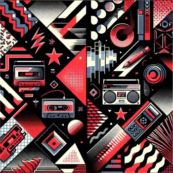 Abstract avatar featuring a dynamic collage of black and red geometric shapes, cassette tapes, and audio elements, conveying a retro, artistic vibe.