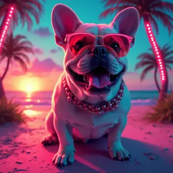 A stylish bulldog wearing pink sunglasses and a pearl necklace poses cheerfully against a vibrant beach sunset, making a fun forum avatar or profile picture.