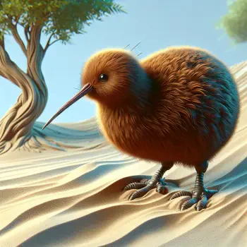 A whimsical, cartoon-style kiwi bird stands on sandy terrain, surrounded by gently swaying trees under a bright sky, making an engaging forum avatar.