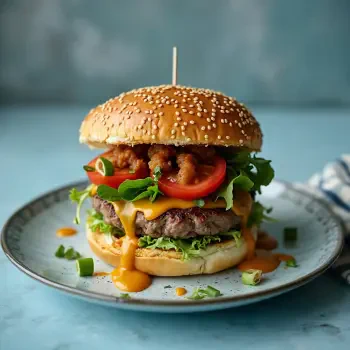 A mouthwatering hamburger with a sesame seed bun, beef patty, cheese, lettuce, tomato, and crispy toppings, featured as a forum avatar/profile photo.