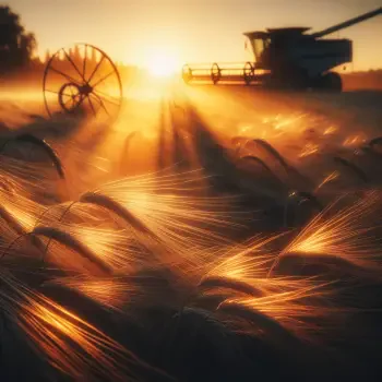 A warm, golden sunset illuminates a field of wheat, with a harvesting machine in the background, creating a serene atmosphere for a forum avatar about harvest.