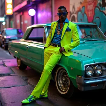 A stylish figure in a vibrant lime green suit leans against a classic turquoise car, embodying a confident gangster aesthetic with sunglasses and a bold fashion sense.