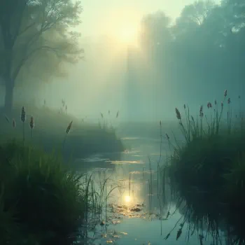A serene marsh scene featuring misty waters, soft sunlight filtering through trees, and lush vegetation, making it an evocative choice for a forum avatar or profile photo.