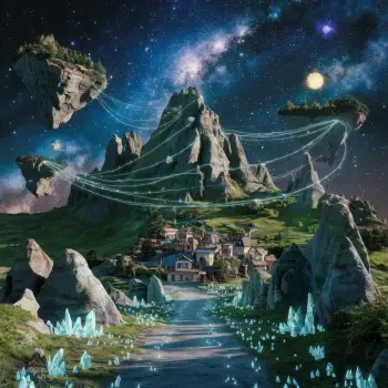 A stunning fantasy landscape with floating islands and a vibrant night sky. In the foreground, a serene village is surrounded by glowing crystals and lush greenery.
