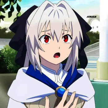 Anime profile photo of Lynne from I Parry Everything, featuring a character with silver hair and red eyes, expressing surprise or concern in a vibrant outdoor setting.