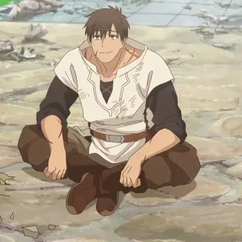 An anime character from I Parry Everything, depicted as Noor, sits casually on the ground, wearing a simple outfit and looking content amidst a rugged background.