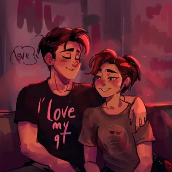 A warm, illustrated profile photo of a couple sitting closely together, smiling. The person on the left wears a shirt that says I love my gf. The mood is affectionate and joyful.