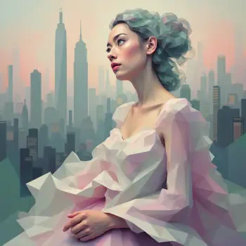 A soft aesthetic avatar featuring a woman with pastel hair, styled in a flowing, layered dress, set against a muted city skyline, radiating calm and elegance.