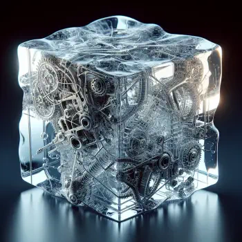 A metallic ice cube with intricate mechanical details inside, presented as a unique avatar for online forums or profiles.