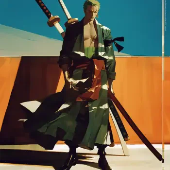 Anime-inspired avatar of Roronoa Zoro from One Piece, depicting him with swords in a dynamic pose against a vibrant background.