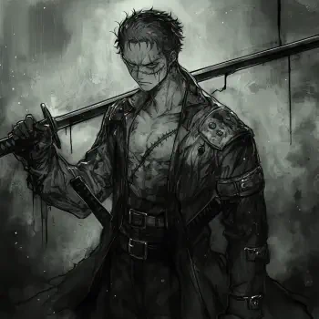 A dark, dramatic avatar featuring Roronoa Zoro from One Piece, showcasing his intense expression and battle-ready pose with a sword, embodying a fierce anime rage aesthetic.