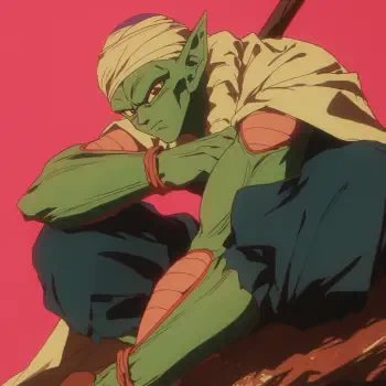 Anime-style profile photo featuring Piccolo from Dragon Ball, depicted deep in thought with distinct green skin, wearing a white cloak and bandages, against a vibrant pink background.