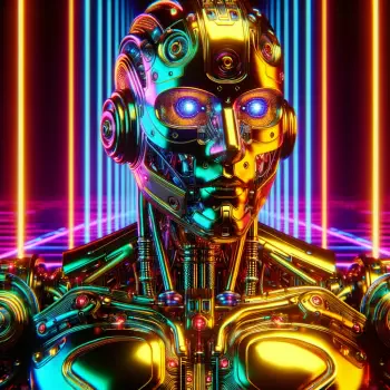 A vibrant, futuristic robot with metallic features and glowing blue eyes stands against a backdrop of colorful, neon stripes, making it a striking forum avatar.