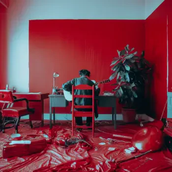 A chill lofi profile photo featuring a person sitting with a guitar in a vibrant red room, surrounded by scattered items and a potted plant, creating a relaxed and creative atmosphere.