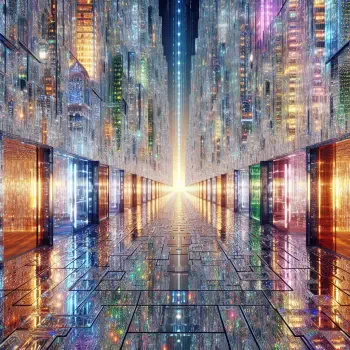 A vibrant, futuristic corridor lined with glittering, multicolored lights and reflective surfaces, leading to a bright, luminous exit in the distance.