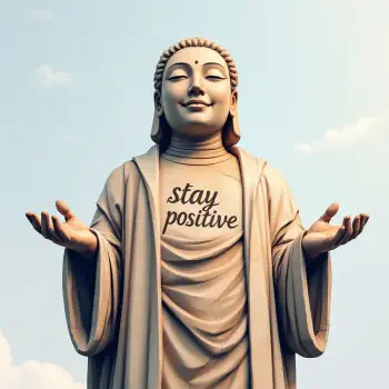 A serene statue with a welcoming smile and outstretched arms, showcasing the message stay positive, serves as an uplifting avatar or profile picture.