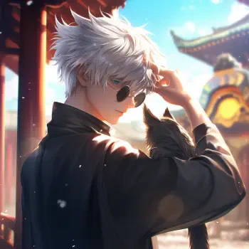 Anime avatar depicting Satoru Gojo from Jujutsu Kaisen, with distinctive white hair and sunglasses, gently holding a black cat against a vibrant, scenic background.