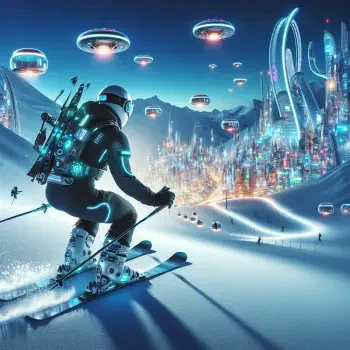 A futuristic skiing avatar featuring a skier in sleek gear gliding down a snowy slope, with vibrant city lights and flying vehicles in the background.