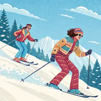 Two skiers in colorful retro outfits glide down a snowy slope, surrounded by pine trees and mountains, making for a fun forum avatar representing a skiing enthusiast.