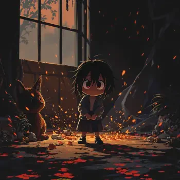 A dark anime avatar featuring a child with messy hair standing in a dimly lit room, surrounded by fallen leaves and a companion rabbit, evoking a mysterious and eerie atmosphere.