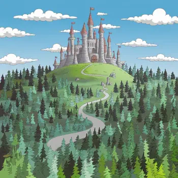 A whimsical fantasy landscape featuring a grand castle atop a green hill, surrounded by dense forests and a winding path, perfect for a forum avatar or profile picture.