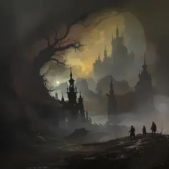 A dark fantasy scene featuring towering, shadowy castles shrouded in mist, with eerie trees framing the image and mysterious figures wandering through the fog. Suitable as a forum avatar.