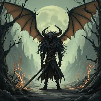 A dark fantasy avatar features a horned figure with bat-like wings standing in a shadowy forest, wielding a sword under a full moon, emanating a mysterious and powerful aura.