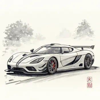 Stylized illustration of a Koenigsegg supercar, featuring a sleek white design with black accents and red brake calipers, set against a soft, muted background.
